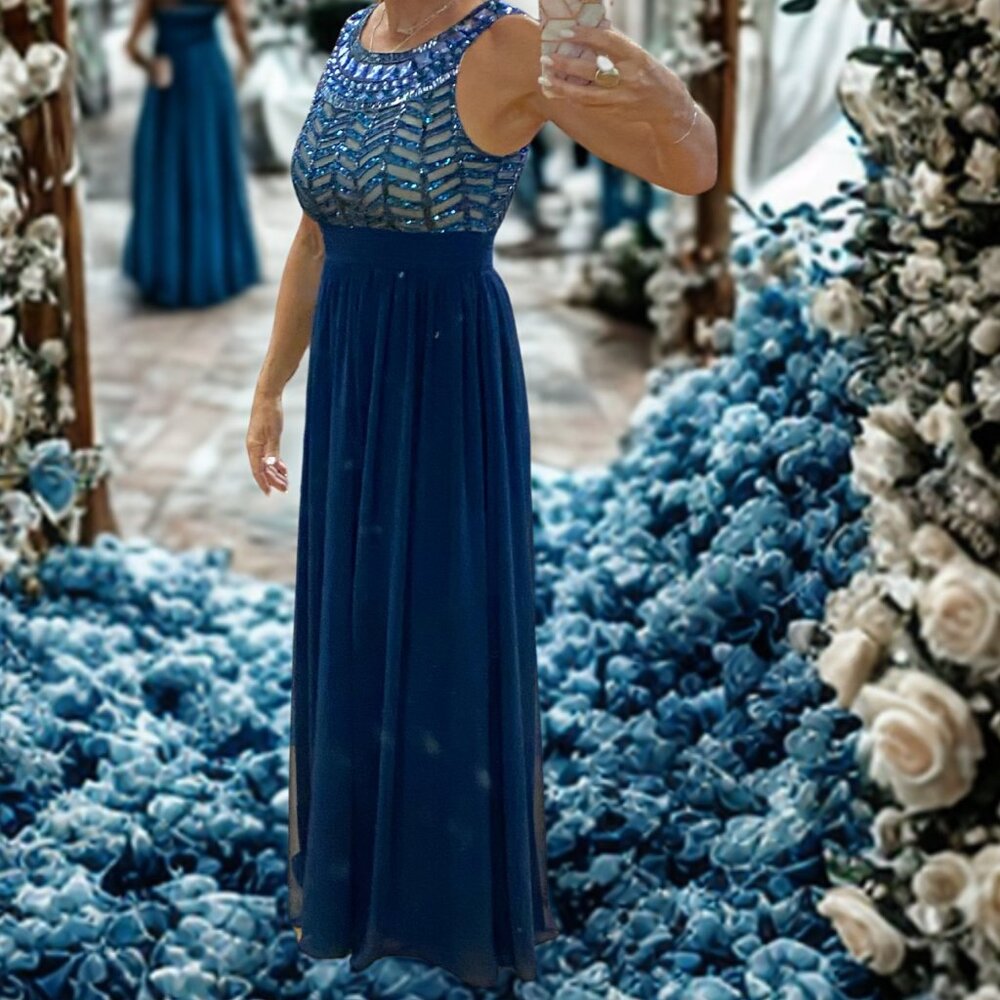 Betsy & Adam Blue Beaded and Sequin Sleeveless Chiffon Gown - Size 8